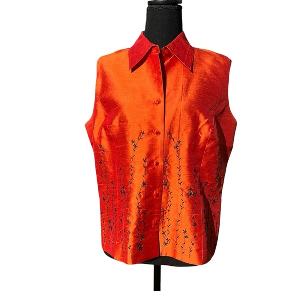SilkLand Tops - Women’s burnt orange silk vest size XL by Silk Land w black floral design.